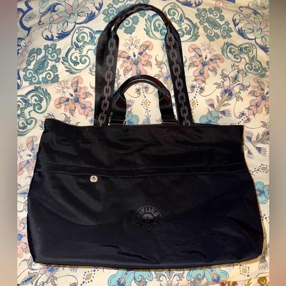 Kipling Charleen Endless Black Nylon Tote with Patterned Straps